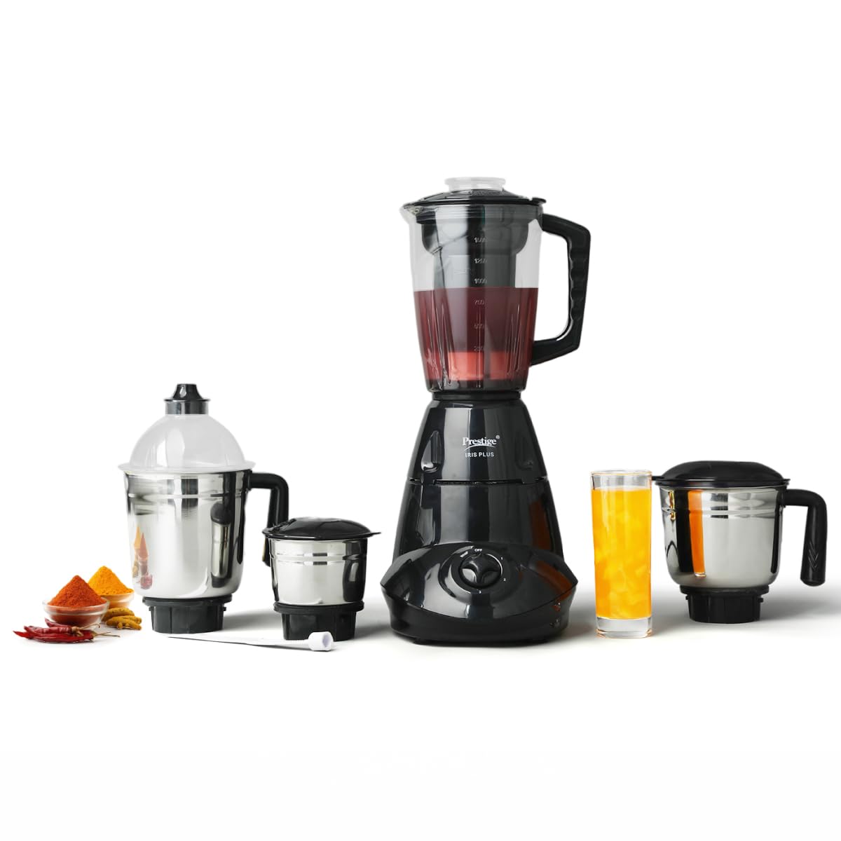 Prestige Iris 750 Watt 4 Jar Mixer Grinder | 3 Stainless Steel Multipurpose Jars and 1 Juicer Jar | Black | 750W