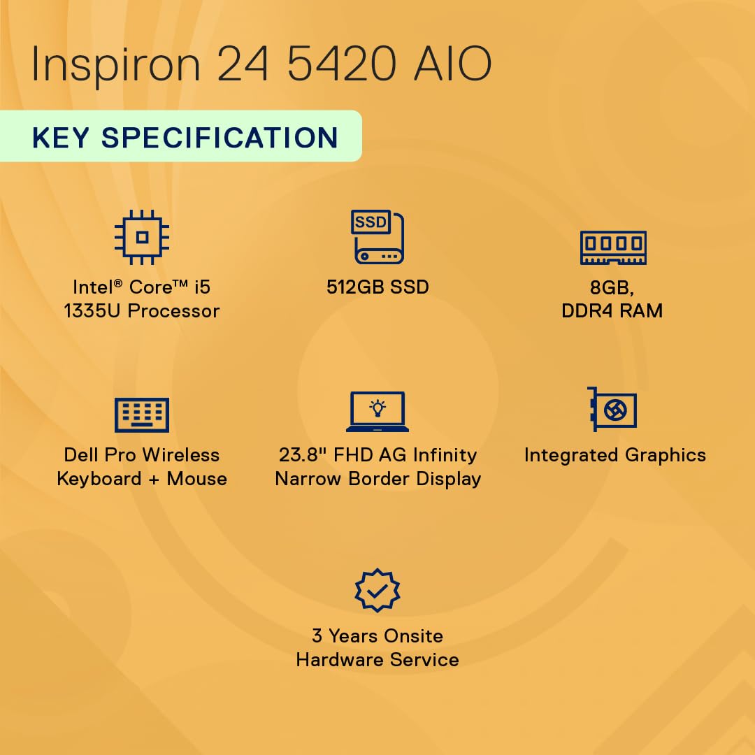 Dell 24" All-in-One PC (5420), 13th Gen Intel i5-1335U, 8GB DDR4, 512GB SSD, 23.8" FHD AG Infinity Narrow Border, Pro Wireless Keyboard + Mouse, Cover Black Molded Chin, Win11 + Office H&S 2021