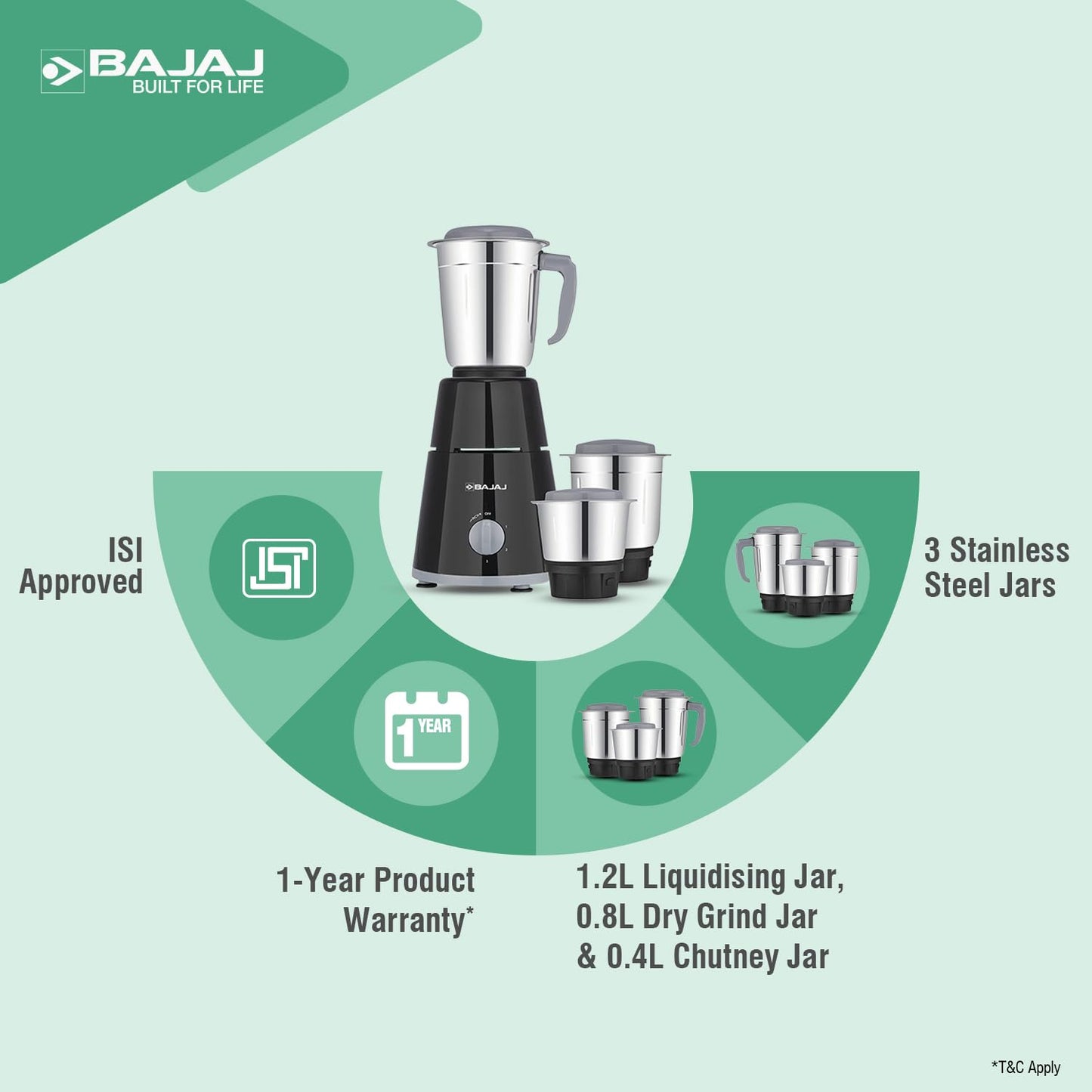 Bajaj GX-1 Mixer Grinder 500W | Superior Mixie For Kitchen | 2-In-1 For Dry Grinding | Blade Function With Titan Motor | 3 Stainless Steel Mixer Jars | 1 Year Product Warranty By Bajaj 【Black】