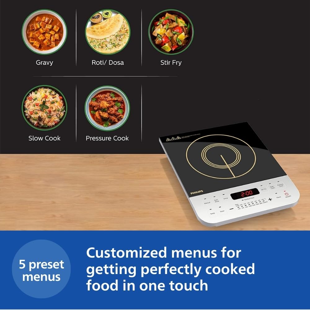 Philips Viva Collection Hd4938/01 2100-Watt Glass Induction Cooktop With Sensor Touch & Full Crystal Glass (Black)