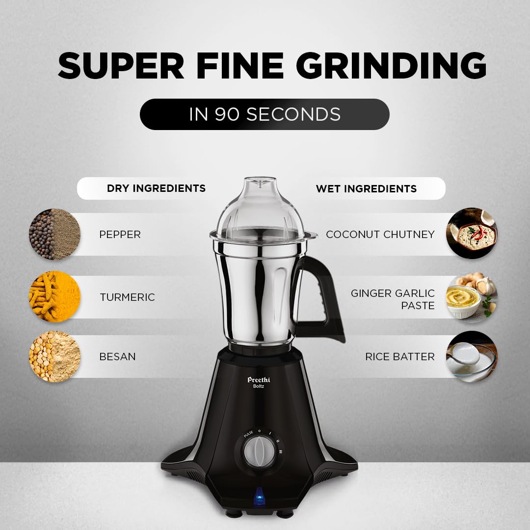 Preethi Boltz Mixer Grinder for Kitchen | 4 Jars 1000 Watts Mixie| 3 Stainless Steel Jar & 1 Blender Jar for Milkshake,Smoothie,Puree - Black (MG-288)