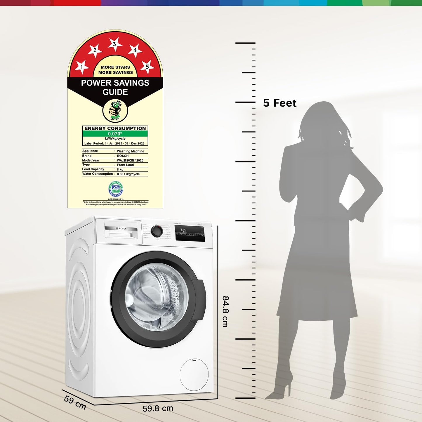 Bosch 8 kg, 5 Star, AI Active Water+, Anti-Tangle, Steam Anti Bacteria, Anti-Wrinkle Fully-Automatic Front Loading Washing Machine (WAJ28260IN, Reload Function, In-Built Heater, White)
