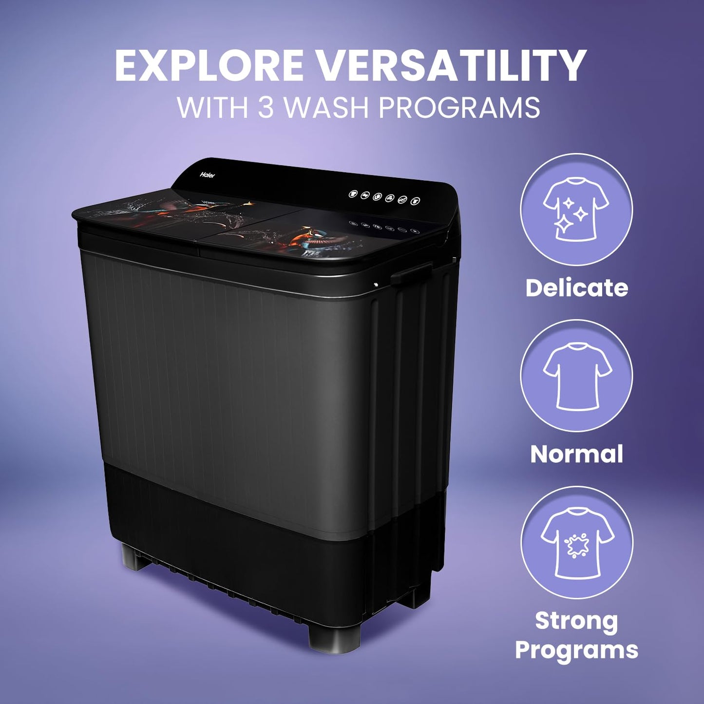Haier 9 kg 5 Star Toughened Glass & Vortex pulsator Semi Automatic Top Load (HTW90-178FL,Black)