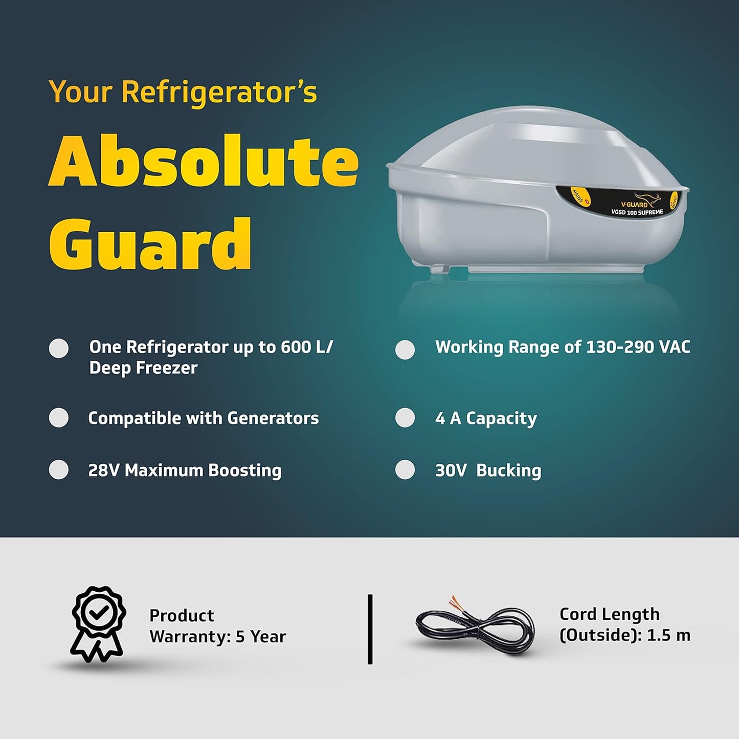 V-Guard VGSD 100 Supreme Refrigerator Stabilizer (For Single or Double Door Refrigerator between 300 to 600 Litre/One Deep Freezer) (Grey)