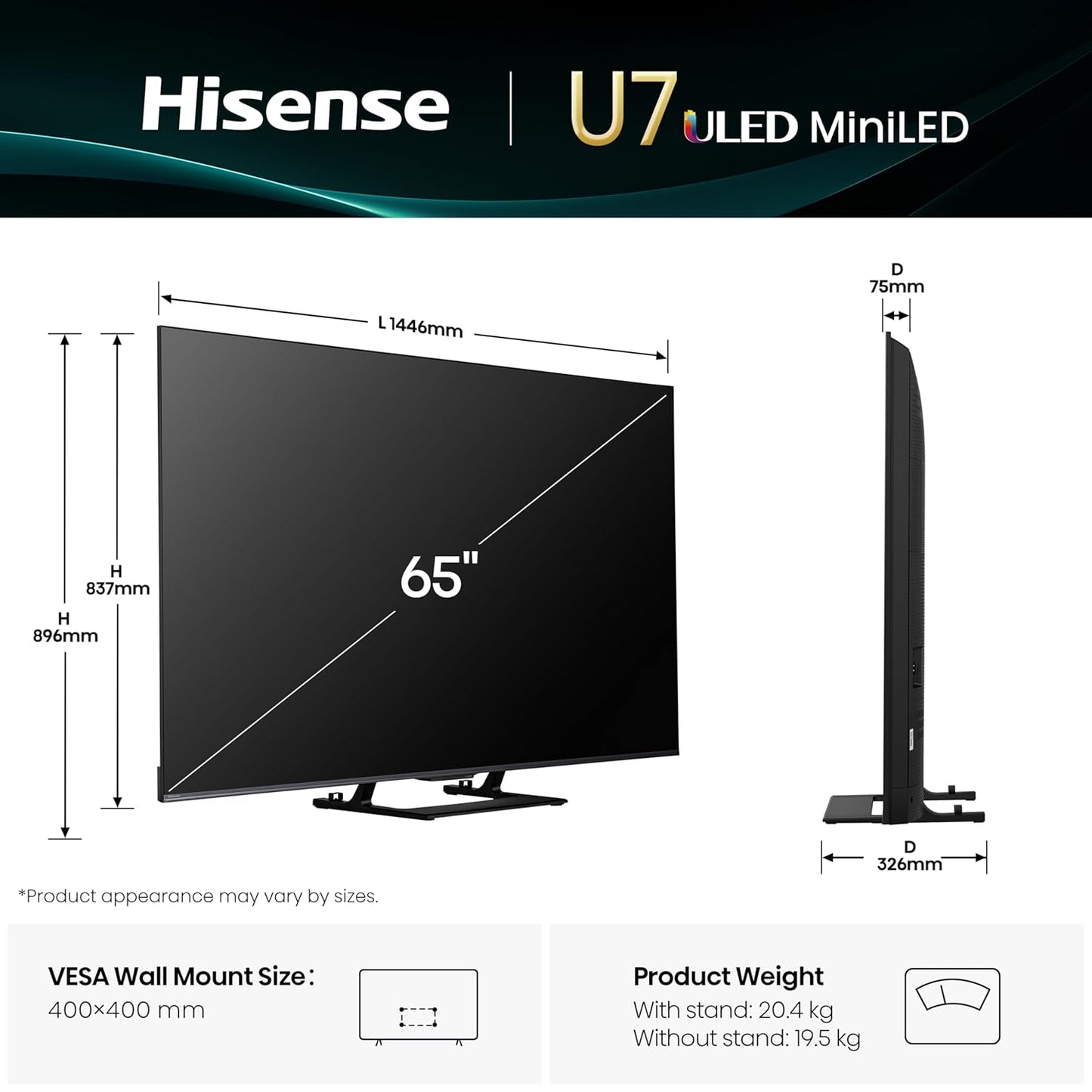 Hisense 164 cm (65 inches) U7Q Series 4K Ultra HD Smart QLED Mini LED TV 65U7Q (Black)