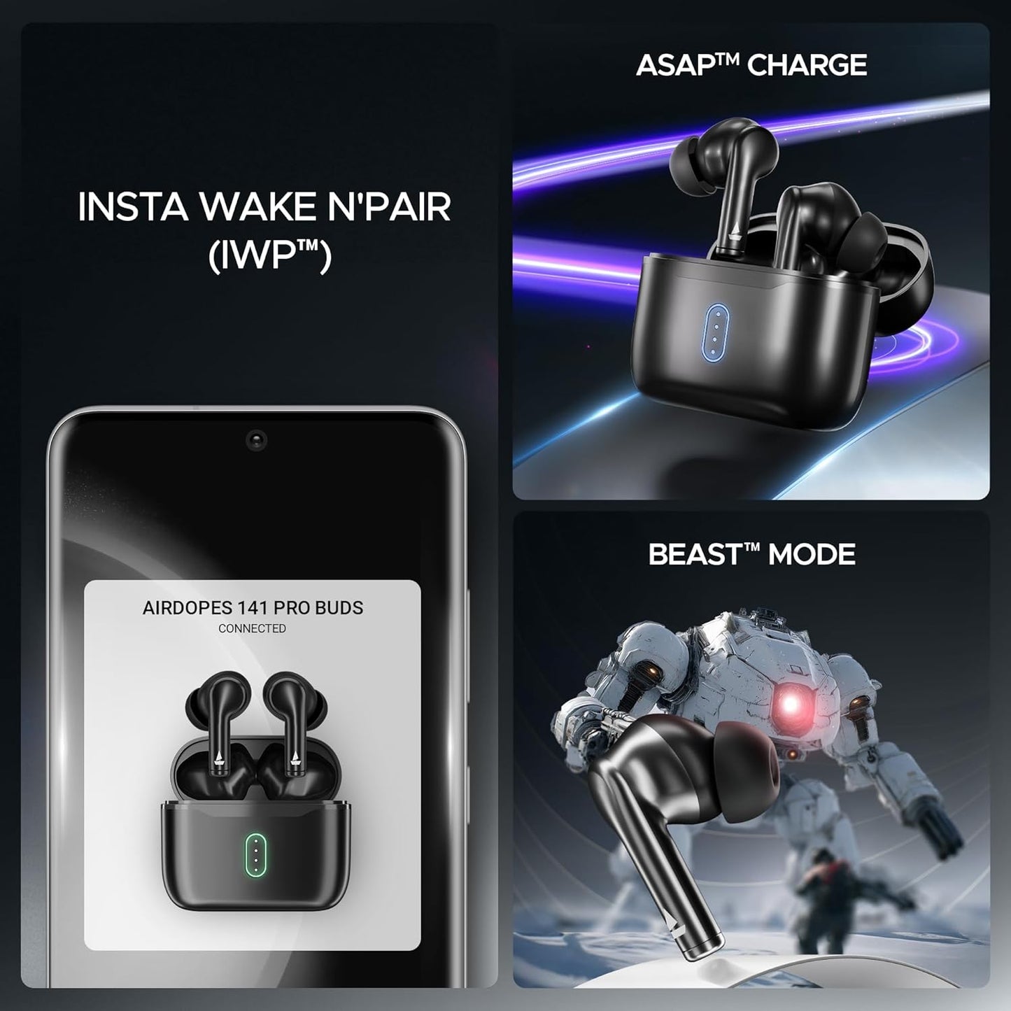 boAt Airdopes 141 Pro Buds, 13mm Drivers, Metallic Finish, 60HRS Battery, 4Mics ENx, Fast Charge, IPX5, v5.3 Bluetooth TWS in Ear Earbuds Wireless Earphones with mic (Obsidian Black)