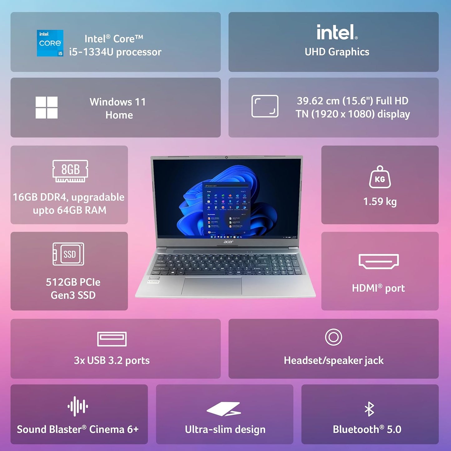 Acer Aspire Lite, 13th Gen, Intel Core i5-1334U, 16GB RAM, 512GB SSD, Full HD, 15.6"/39.62cm, Windows 11 Home, MS Office, Steel Gray, 1.59KG, AL15-53, Metal Body, Thin and Light Premium Laptop