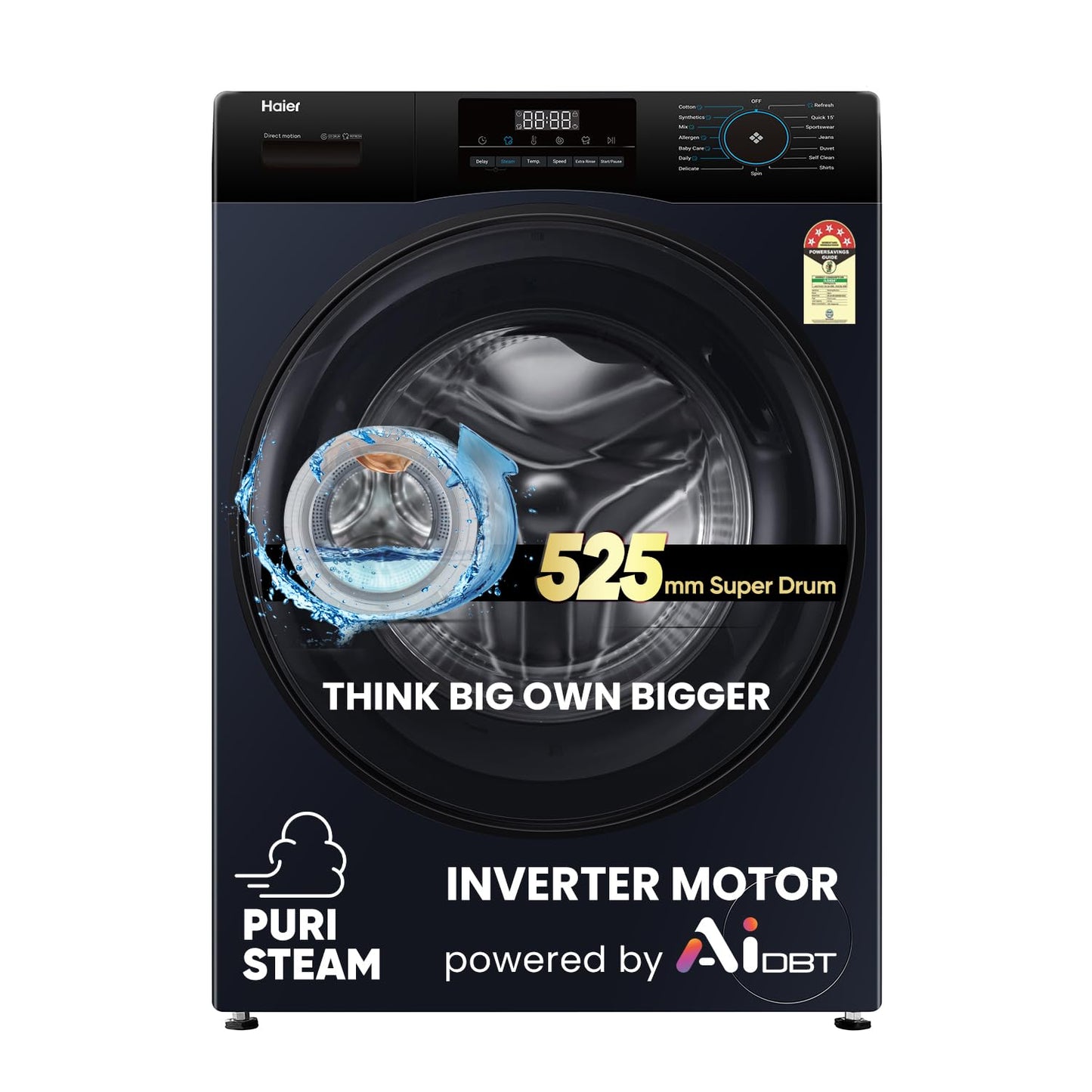 Haier 9 Kg 5 Star Powered by AI-DBT with Direct Drive Technology, PuriSteam, 525mm Super Drum Fully Automatic Front Load Washing Machine (EFL90-DM14IBIEBK,In-Built Heater,Steel Drum,Black)
