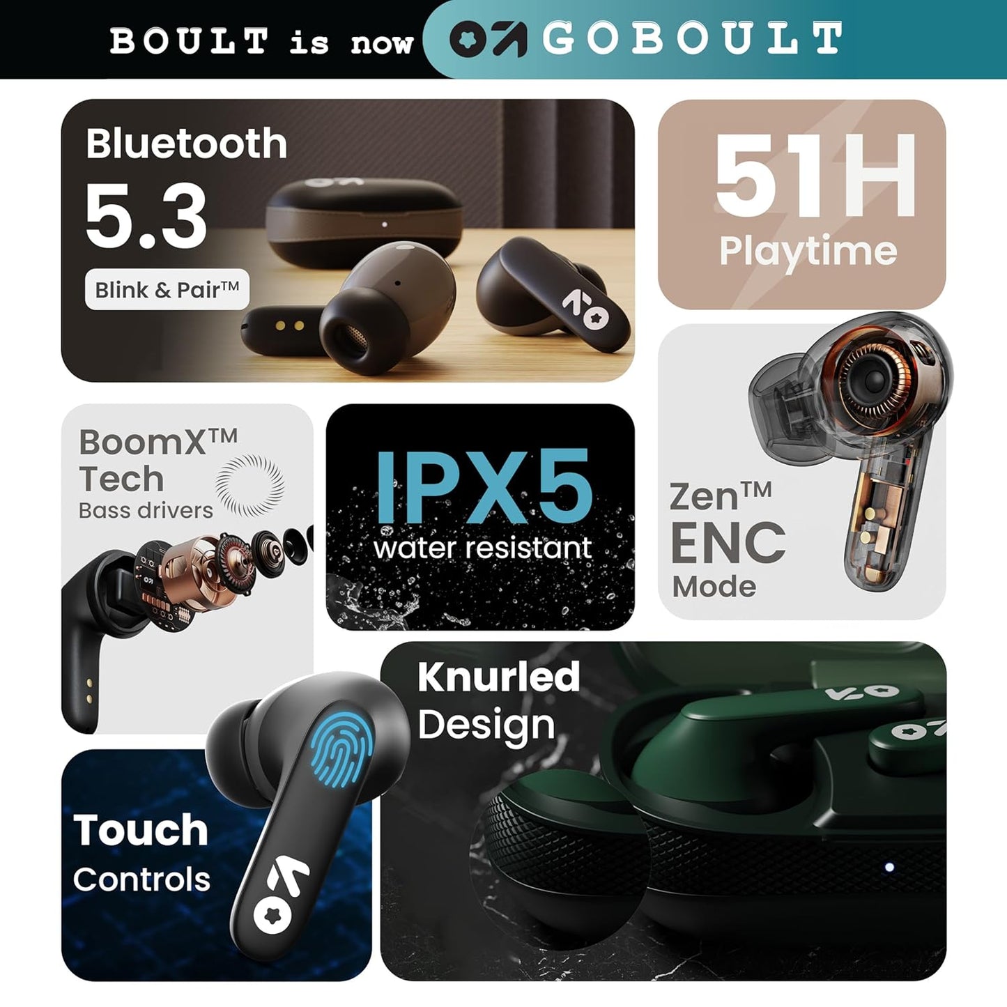 Boult GOBOULT Z20 Truly Wireless Bluetooth Ear Buds with 51H Playtime,Zen Calling ENC Mic,Made in India,Low Latency Gaming,Touch Controls,Rich Bass Drivers,TWS Earbuds Bluetooth Wireless(Pine Green)