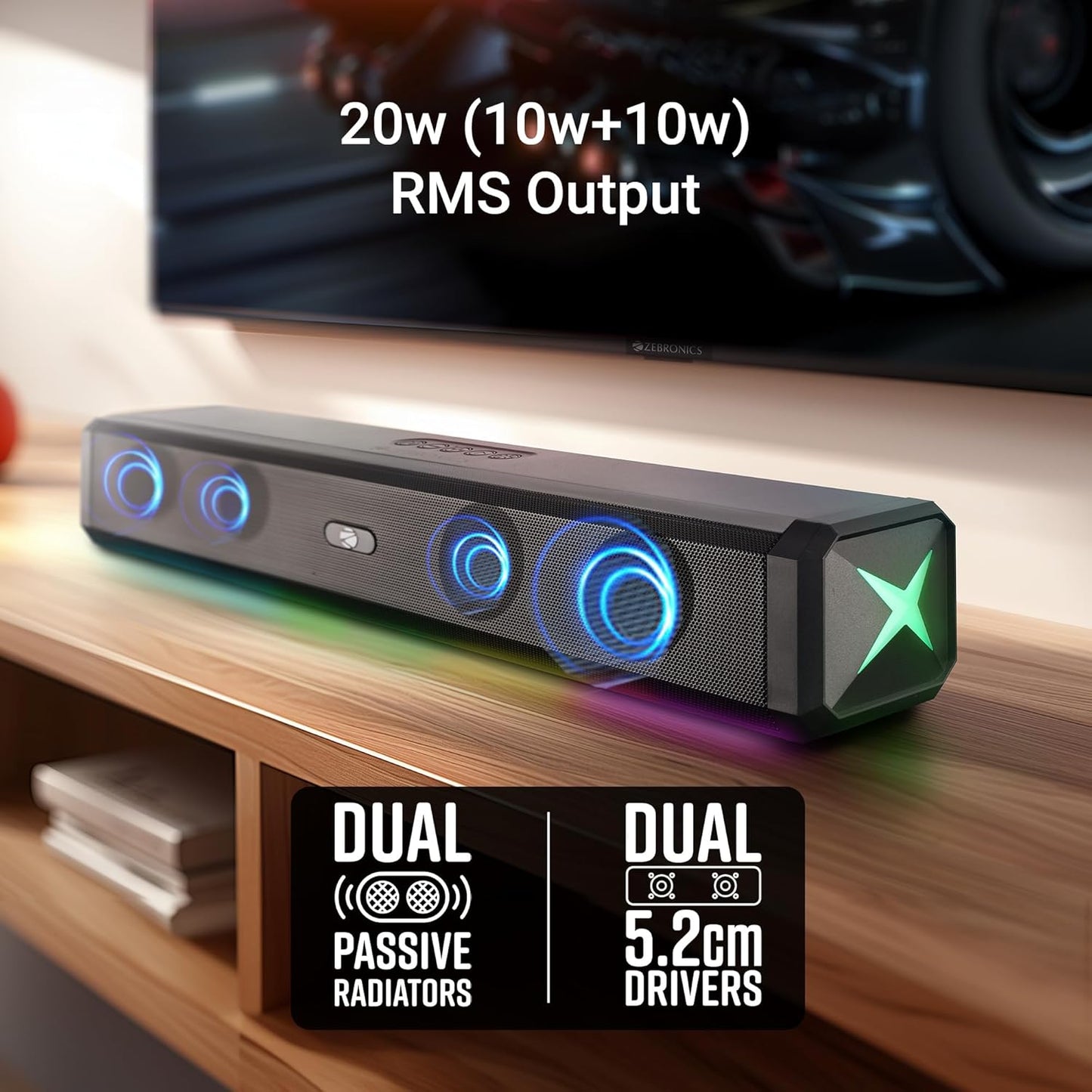 ZEBRONICS VITA BAR 150 Wireless Bluetooth Soundbar, 20W RMS, 2.0 Channel, Dual (52mm Driver & Passive Radiator), Upto 8 Hours Playback, Built in Battery, BTv5.3 | USB | mSD | AUX | | TWS, RGB LED