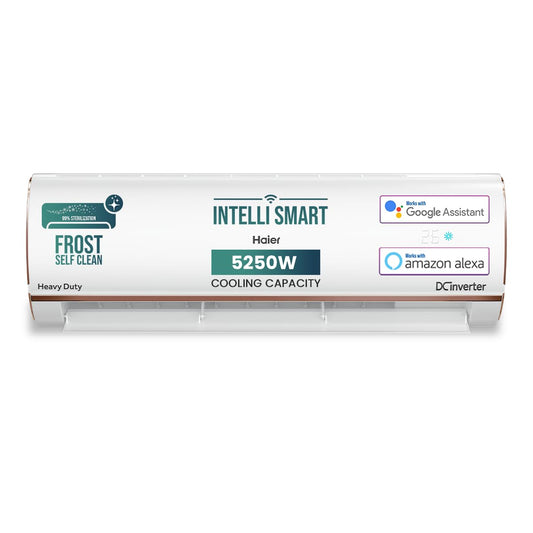 Haier 1.5 Ton 4 Star Triple Inverter Smart Split AC (5250 Watts, Copper, Wi-Fi, 4-Way Swing, 7 in 1 Convertible, Frost Self Clean, HD Filter, Cools at 60°C - HSU18K-PYFR4BN-INV, White)