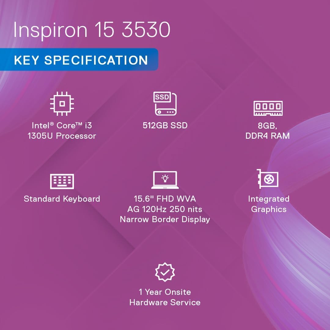 Dell Inspiron 3530 13th Gen Laptop, Intel Core i3-1305U, 8GB, 512GB SSD, 15.6" (39.62cm) FHD AG 120Hz 250 nits Display, Windows 11 + MSO'21 & McAfee 15 Month, Platinum Silver, Thin & Light- 1.62kg