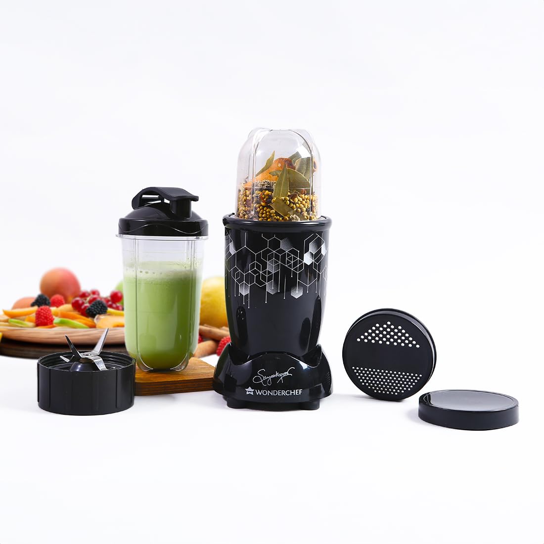 Wonderchef Nutri-blend 500W Mixer Grinder, 22000 RPM Motor, Smoothie Maker, Masala Grinder, Chutney Blender, 3 Unbreakable Jars, Recipe Book by Chef Sanjeev Kapoor, 2 Yr Warranty, Black