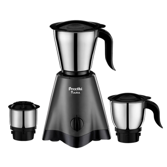 Preethi Tiara Mixer Grinder for Kitchen | 500 Watt Mixie | 3 Stainless Steel Jars (0.3L, 0.7L and 1.2L) | Grey & Black