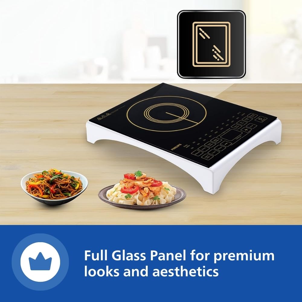 Philips Viva Collection Hd4938/01 2100-Watt Glass Induction Cooktop With Sensor Touch & Full Crystal Glass (Black)