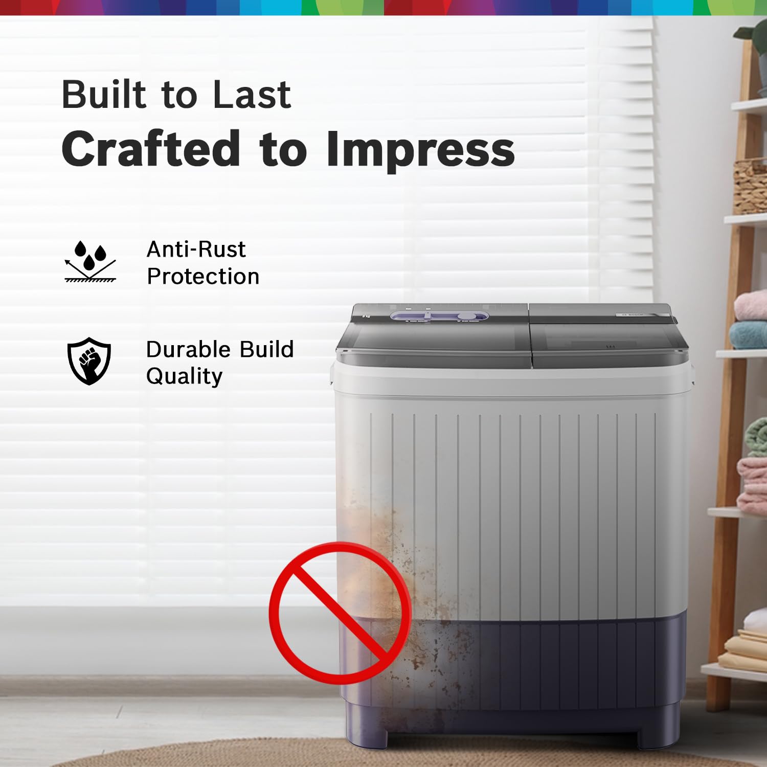 Bosch 8 kg 5 Star Semi-Automatic Top Loading Washing Machine (2025 Model, WJP802L0IN, 3 Wash Programs, Anti-Rust Body, 1300 RPM Spin Speed, Peacock Blue, 5 Years Comprehensive Warranty)