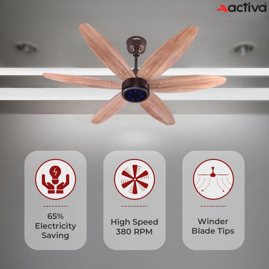ACTIVA JETTA 1200MM BLDC Ceiling Fan | 28W | 6 Wooden-Finish Blades | 7 LED Lights | Remote | Noiseless | BEE 5-Star Rated | Energy Efficient | 5 Years Warranty (Rose Wood)
