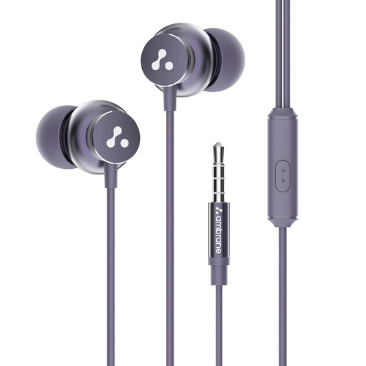 Ambrane Stringz 38 Wired Headphones with Mic, Powerful HD Sound with High Bass, Tangle Free Cable, Comfort in Ear Fit, 3.5mm Jack (Purple)