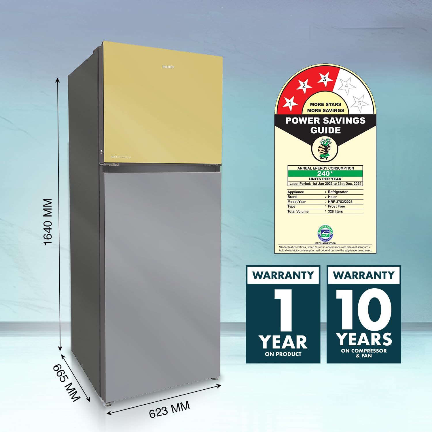 Haier 328 L, 3 Star, Convertible 10-in-1, Triple Inverter & Fan Motor Technology, Frost Free Double Door Refrigerator (HRF-3783YGG-P, Yellow Grey Glass)