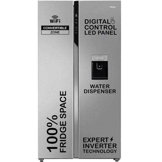 Haier 596L 2-Door Water Dispenser Side by Side Frost Free Refrigerator|Convertible|Smart Sense AI | Expert Inverter|Digital Display Panel | Deo Fresh Technology (HRS-682SWDU1, Shiny Silver)