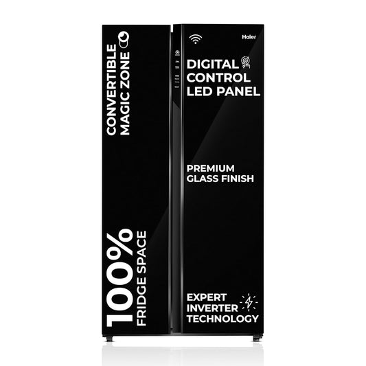 Haier 602L 3Star 2 Door Premium Glass Door Side by Side Frost Free Refrigerator|Convertible|Smart Sense AI|Expert Inverter|Digital Display Panel|Deo Fresh Technology (HRS-682KGU1, Black Glass)