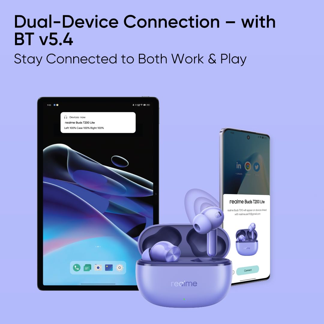 realme Buds T200 Lite Bluetooth in Ear Earbuds,4 Mic, AI ENC for Calls,48 Hours Total Playback with Fast Charging and Ultra Low Latency Gaming TWS,Google Fast Pair,with mic (Aurora Purple)
