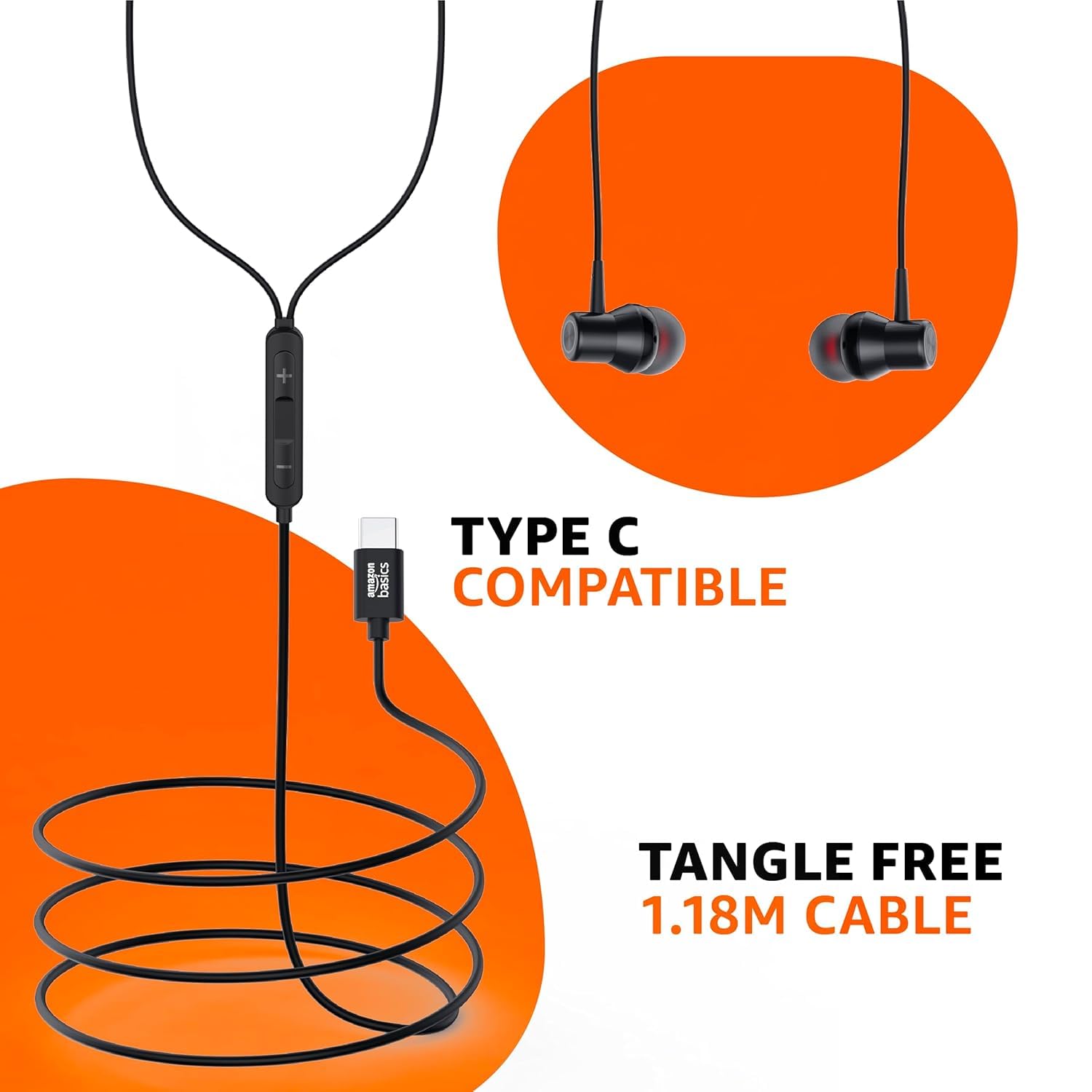 amazon basics EP2 in Ear Type C Wired Earphones with Mic, Tangle Free 1.18 Metre Cable, Metallic Design, 10mm Drivers, in Line Mic & Volume Controller (Black)