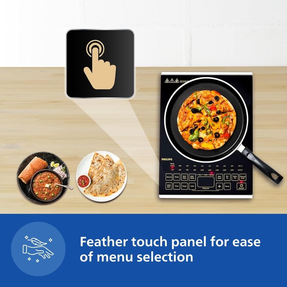 Philips Viva Collection Hd4938/01 2100-Watt Glass Induction Cooktop With Sensor Touch & Full Crystal Glass (Black)