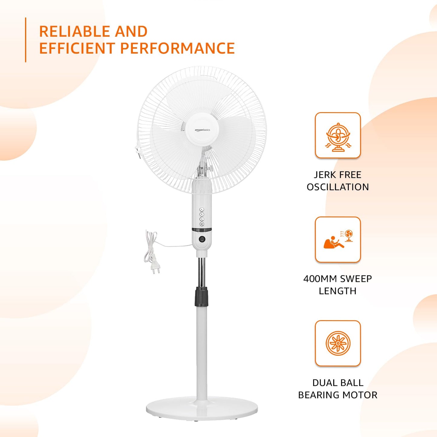 amazon basics High-Speed Oscillating Pedestal Fan I 3 Adjustable Fan Speeds | Rust Resistant Body, Adjustable Length | RPM 2200 | 400mm Sweep Length (White)