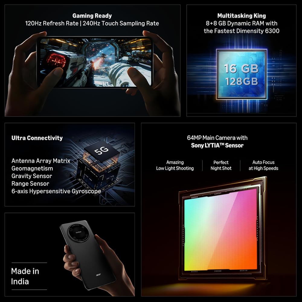 Acer Super ZX 5G (Cosmic Green, 4GB RAM, 128GB Storage) | 120 Hz FHD+ Display | 5000 mAh Ultra-Thin Battery | Dimensity 6300 5G Processor | Sony 64MP AI Camera