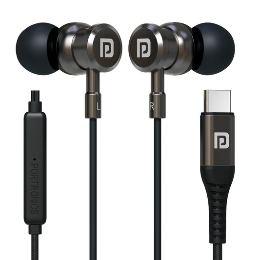 Portronics Conch Tune C in Ear Type C Wired Earphones with Mic,10mm Driver, 1.2m Nylon Braided Anti Tangle Wire, in line Controls, Metal Alloy Body, Wide Compatibility(Grey)