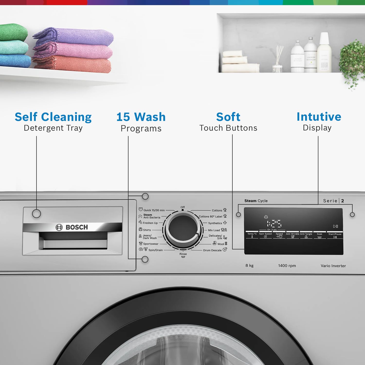 Bosch 8 kg, 5 Star, AI Active Water+, Anti-Tangle, Steam Anti Bacterial, Anti-Wrinkle Fully-Automatic Front Loading Washing Machine (WAJ2826BIN, In-Built Heater, Shiny Silver)