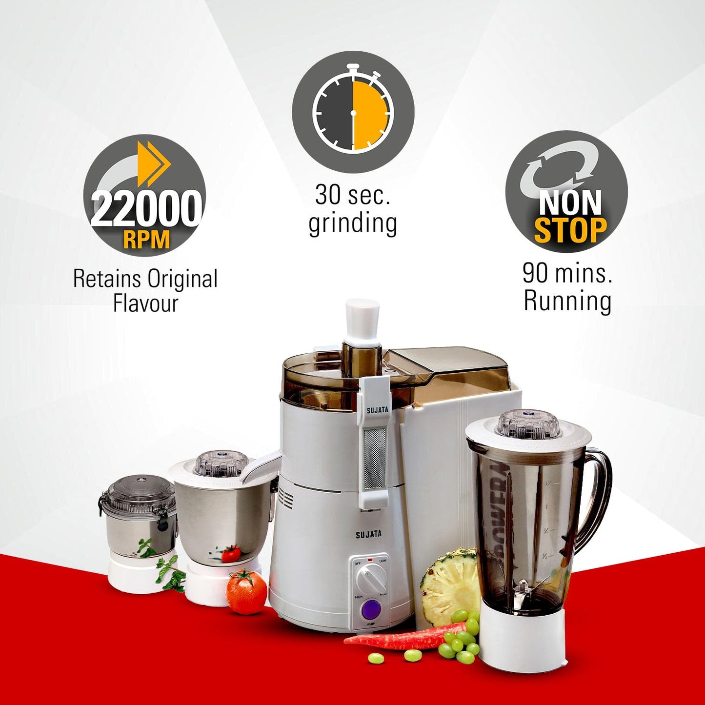 Sujata Powermatic Maxima 900 Watts All-In-One Juicer Mixer Grinder | 22000 Rotations Per Min | 90 Minutes Continuous Running | 3 Versatile Jars 1750 Ml, 1000 Ml And 400 Ml, White