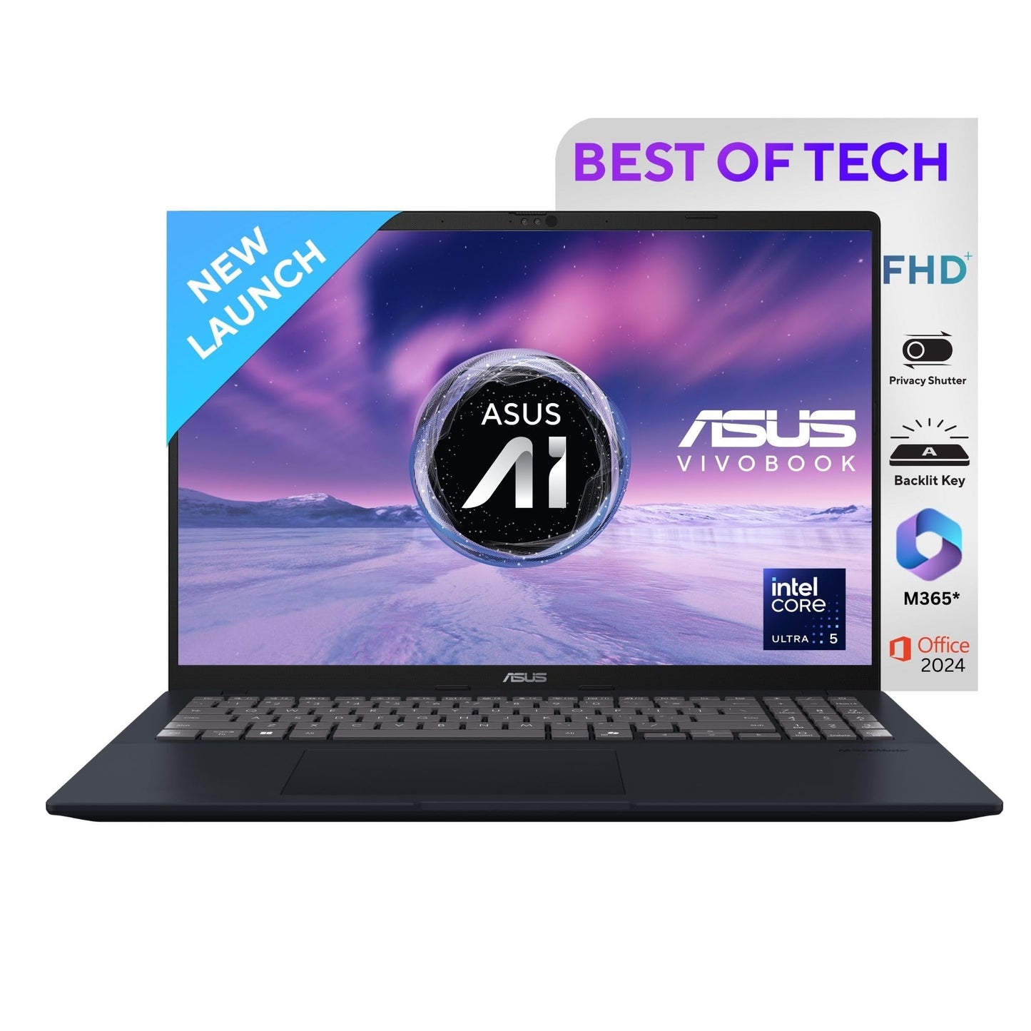 ASUS Vivobook 16,Intel Core Ultra 5 (Series 2),Thin & Light(Intel iGPU/16GB RAM/512GB SSD/FHD+/16"/60Hz/Backlit Keyboard/Windows 11/M365 Basic (1Year)*/Office Home 2024/Silver/1.88 kg) X1607CA-MB142WS
