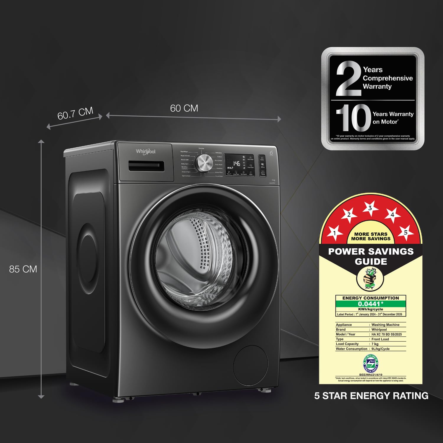 Whirlpool 7 Kg 5 Star Inverter Front Load Washing Machine with In-Built Heater (SUPREME CARE 7012 -E, Midnight Grey, 100+ Tough Stains, Steam Technology, 2025 Model)