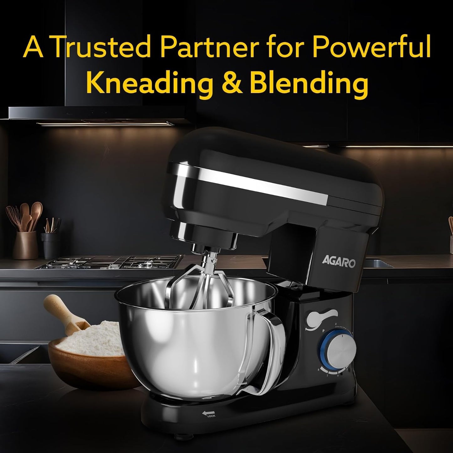 AGARO Royal Stand Mixer 1000W with 5L SS Bowl and 8 Speed Setting I Includes Whisking Cone, Mixing Beater & Dough Hook, and Splash Guard, 2 Years Warranty, (Black)
