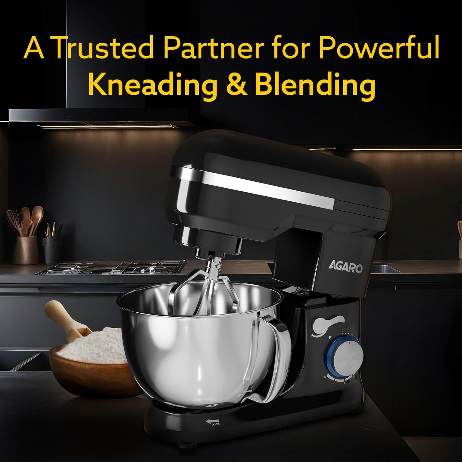 AGARO Royal Stand Mixer 1000W with 5L SS Bowl and 8 Speed Setting I Includes Whisking Cone, Mixing Beater & Dough Hook, and Splash Guard, 2 Years Warranty, (Black)