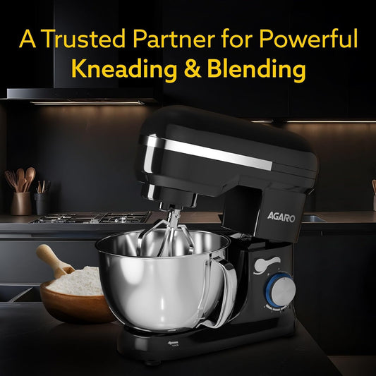 AGARO Royal Stand Mixer 1000W with 5L SS Bowl and 8 Speed Setting I Includes Whisking Cone, Mixing Beater & Dough Hook, and Splash Guard, 2 Years Warranty, (Black)