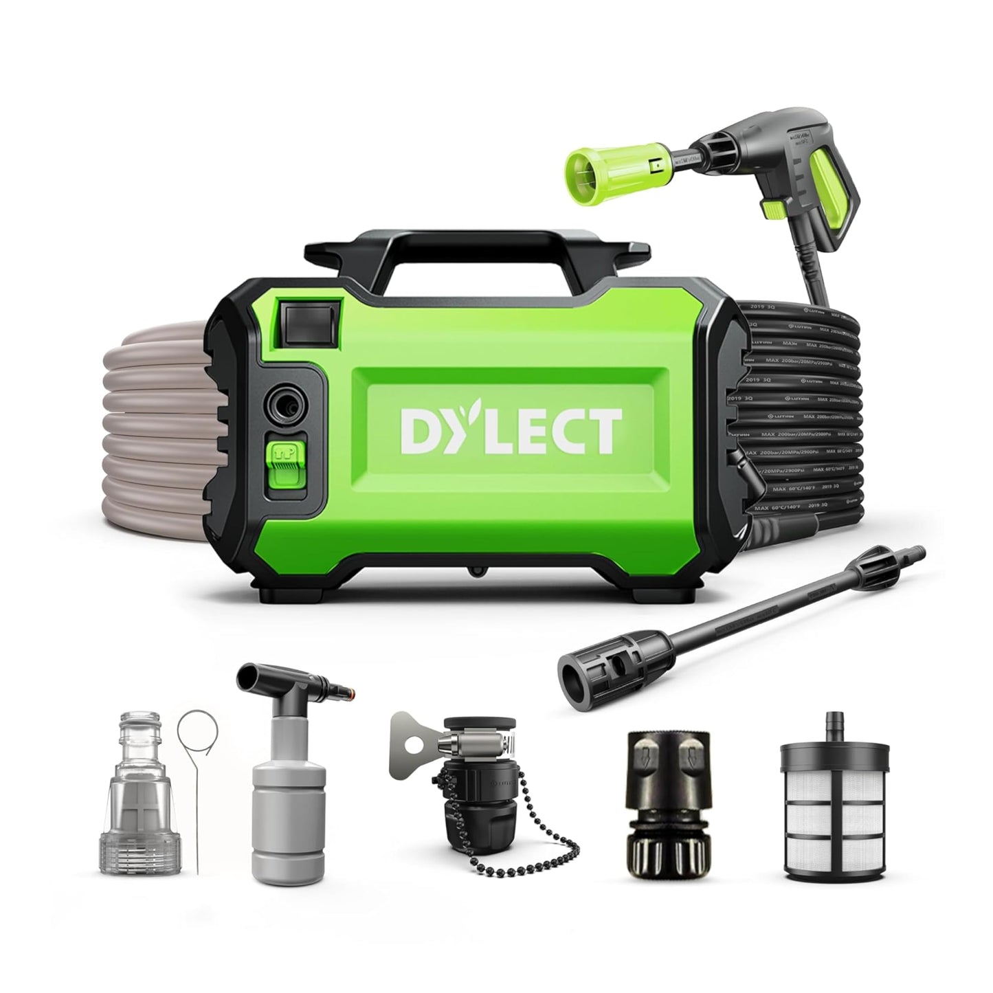 DYLECT Ultra Flow Plus High Pressure Car Washer Pump, 1900 Watts Power Motor, 130 Bars Pressure, 6.5L/Min Flow Rate, 5m Outlet Hose, Upright Design for Bike, Home Cleaning, Includes 11 Accessories