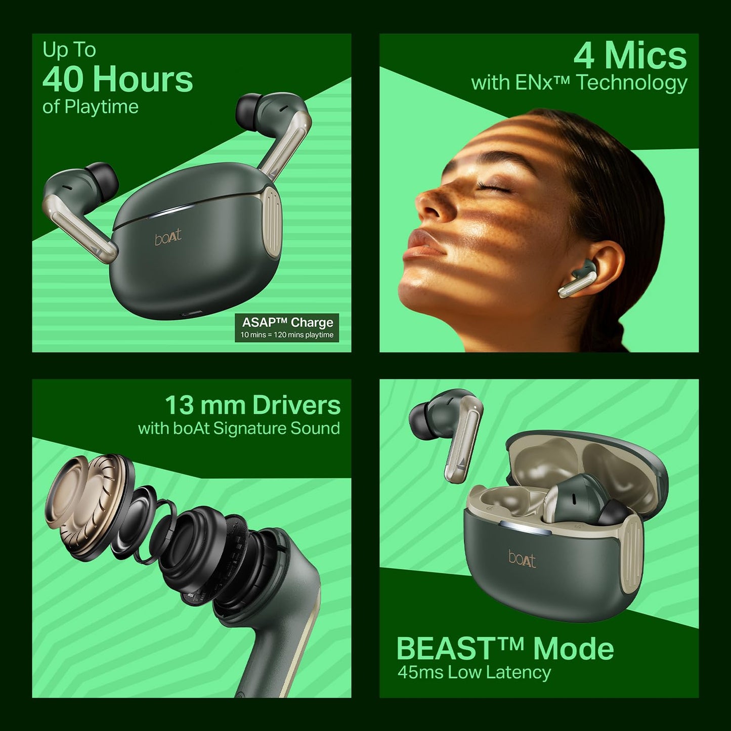 boAt 2025 Launch Airdopes 219, 4Mics ENx Tech, 40 Hrs Battery, Best in Segment for Calling, Free Music Streaming,13mm Drivers, Bluetooth Earbuds, TWS Ear Buds Wireless Earphones with mic (Forest Sage)
