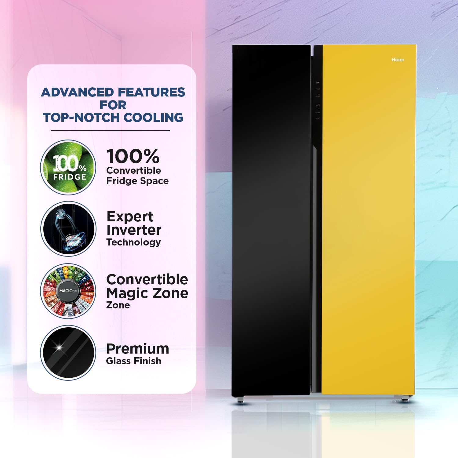Haier 602L, 3-Star, Vogue 100% Convertible Fridge Space, Expert Inverter 2-Door Side by Side Refrigerator, (HRS-682KYG, Black Yellow Glass)