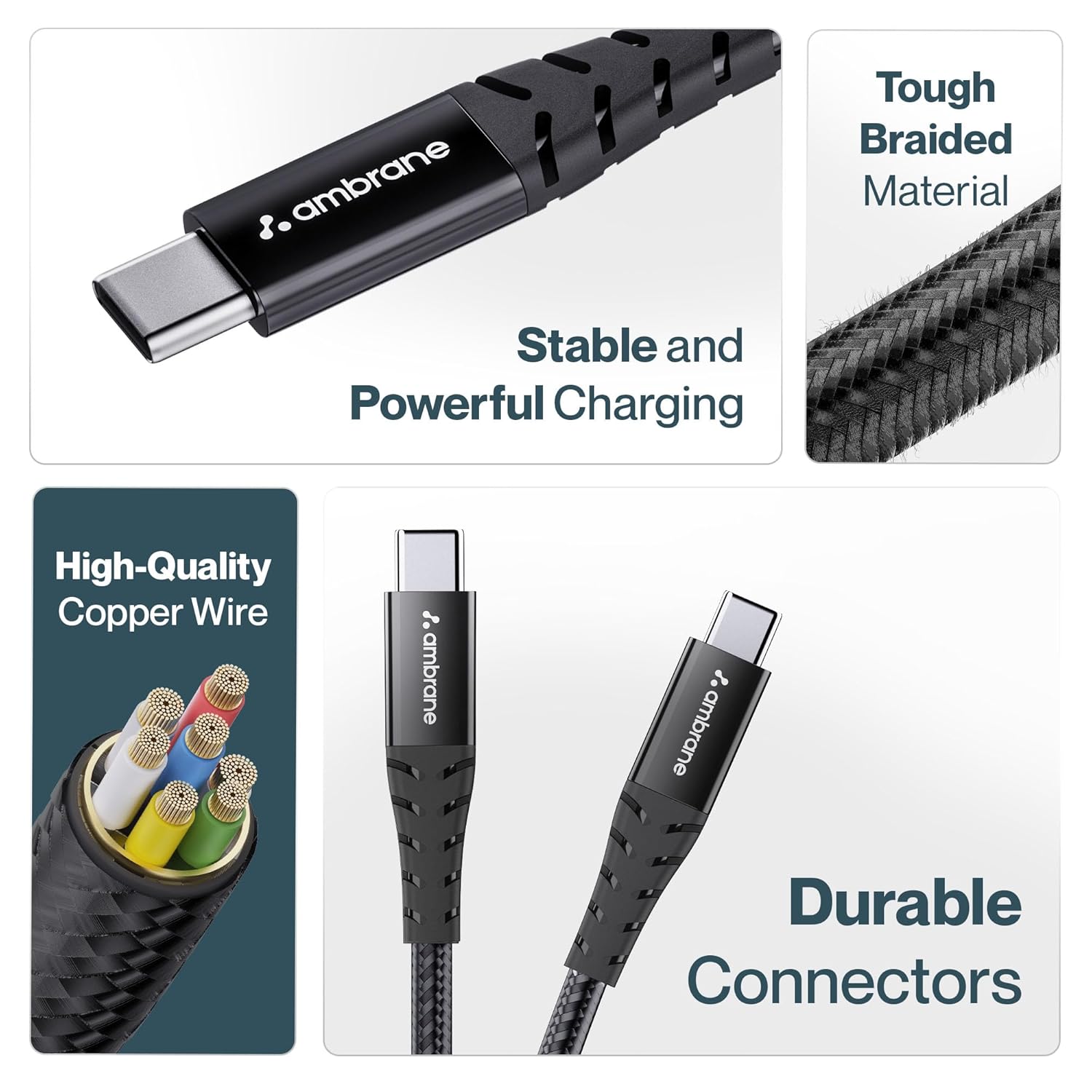 Ambrane Unbreakable 60W Fast Charging 1.5M Braided Type C to Type C Cable for Smartphones, Tablets, Laptops & Other Type C Devices, PD Technology, 480Mbps Data Sync (RCTT15, Black)