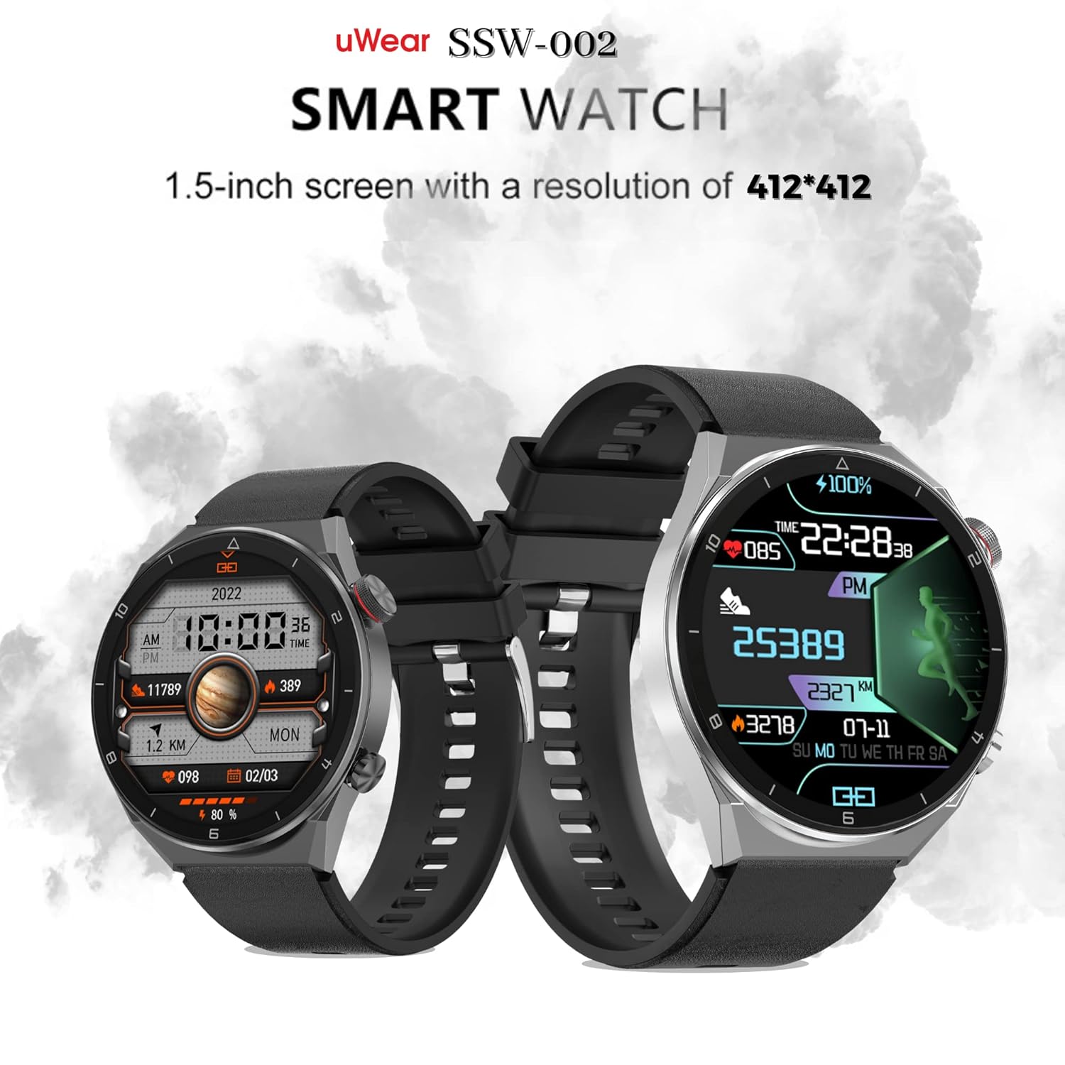 Salora uWear Smart Watch 1.5” Round Display, BT Calling, 250+ Watch Faces, Heart & SpO2 Monitoring, 21 Sports Modes, Sleep Monitor, Waterproof & 7Days Battery iOS Android Compatible(Black+Dark Grey)