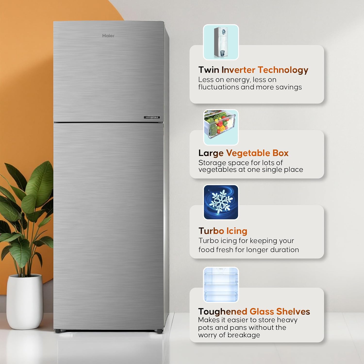 Haier 240 L, 2 Star, 5 In 1 Convertible, Frost Free Double Door Refrigerator (HEF-252DS-P, Dazzle Steel)