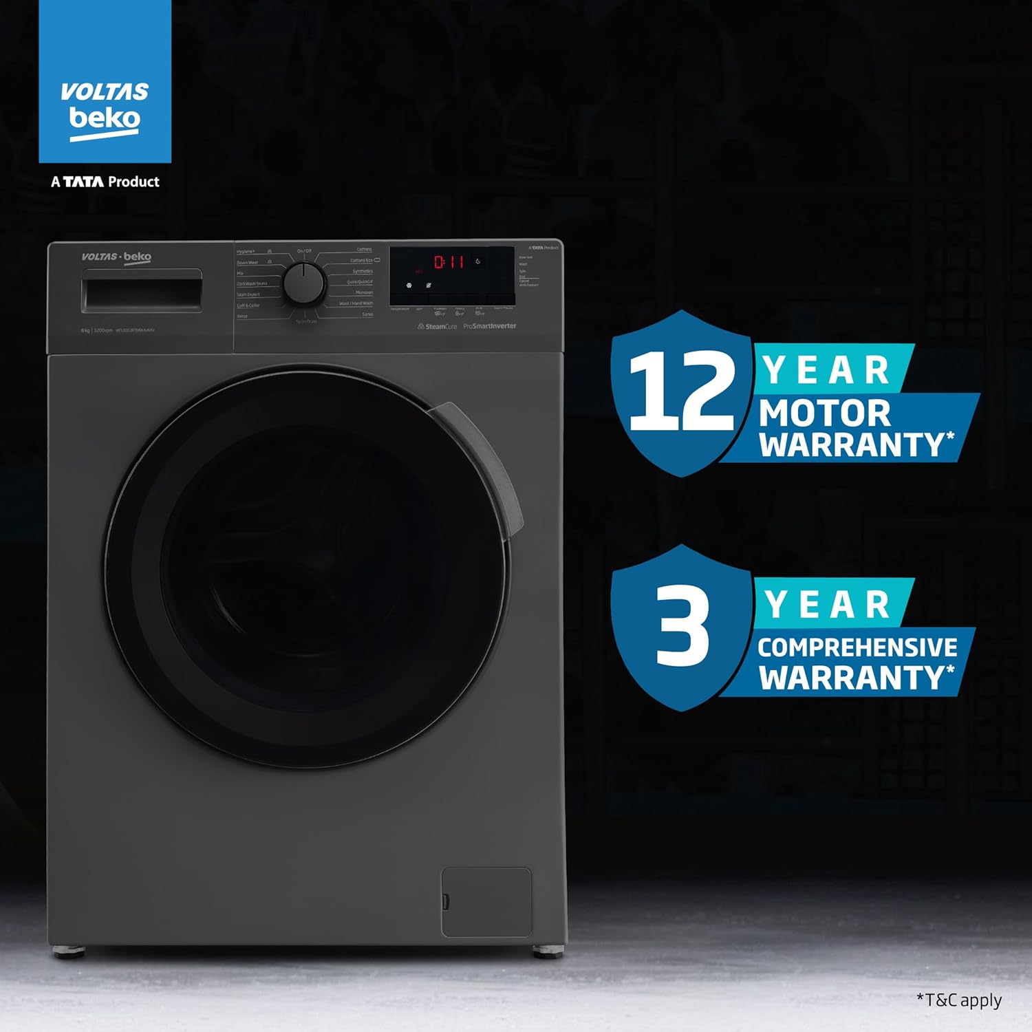 Voltas Beko, A Tata Product 8 Kg 5 Star Inverter Quick wash Fully-Automatic Front Loading Washing Machine (WFL8012B7JVBKA/AXV, Anthracite, In buit Heater/Hygiene steam)