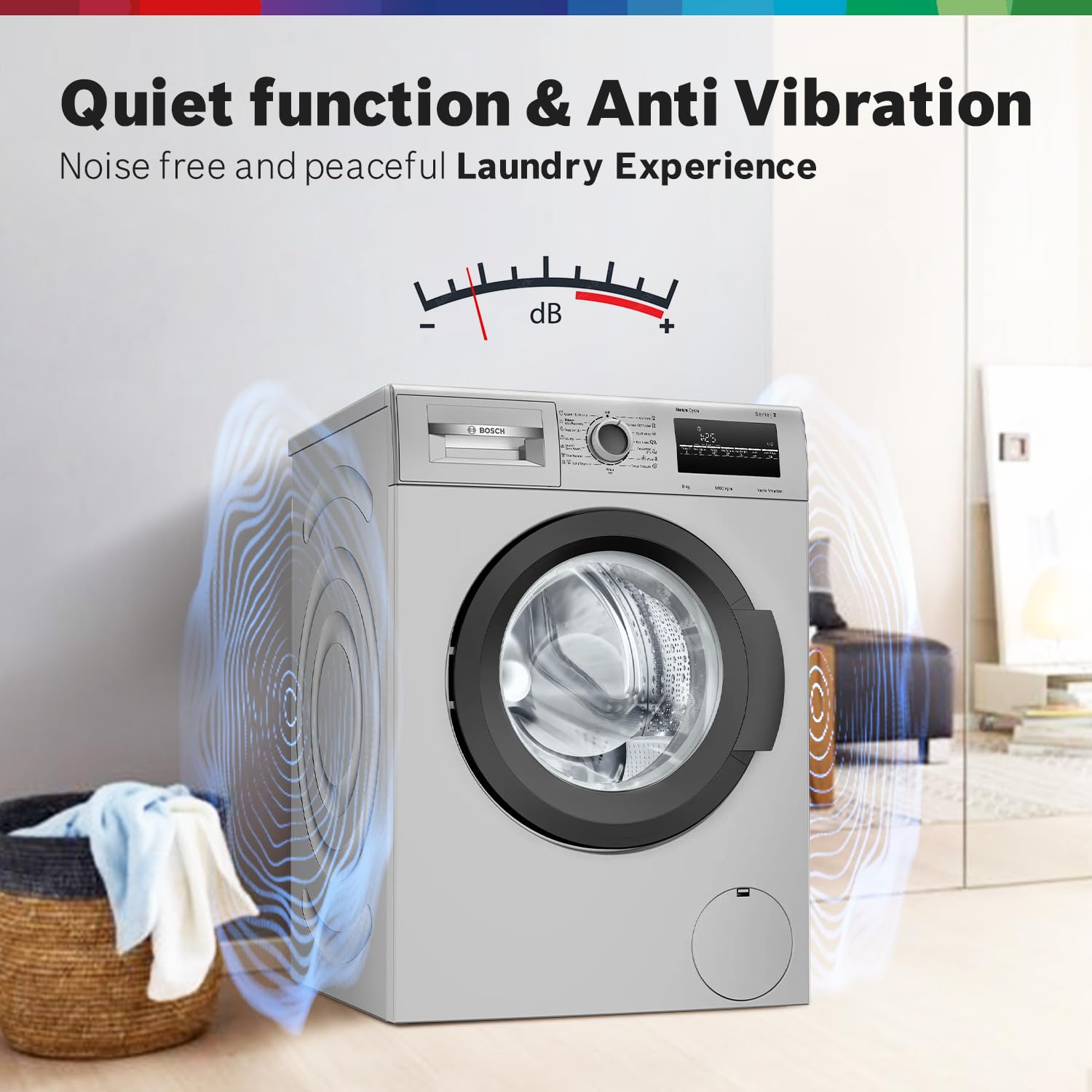 Bosch 8 kg, 5 Star, AI Active Water+, Anti-Tangle, Steam Anti Bacterial, Anti-Wrinkle Fully-Automatic Front Loading Washing Machine (WAJ2826BIN, In-Built Heater, Shiny Silver)