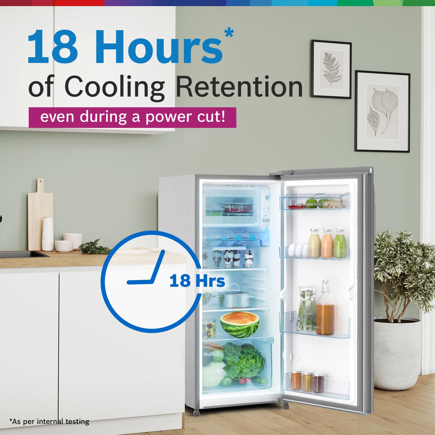 Bosch 187 L, 3 Star, Single Door Refrigerator with Industry's largest vegetable box* & largest Beverage space (CST18S23NI, Fine Steel) | 18 Hour Cooling Retention during powercut, 2.5x Faster Cooling