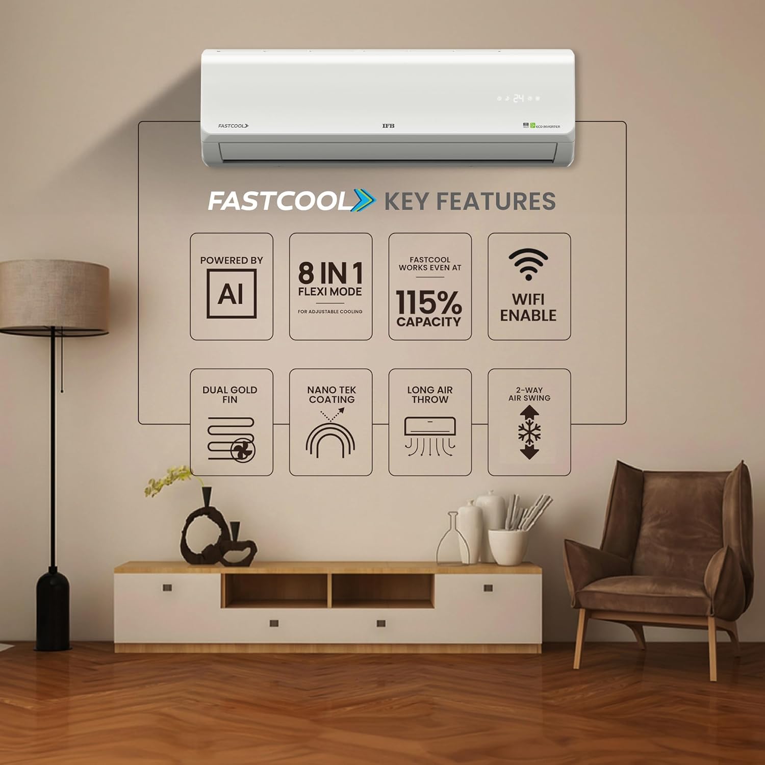 IFB 2025 Model Silver Plus Smart Series 1.5 Ton 3 Star In-built Wifi Split AC with HD Compressor, AI, Dual Gold Fin & 8-in-1 Flexi Mode - White (CI173SL22SGM1, Copper Condenser