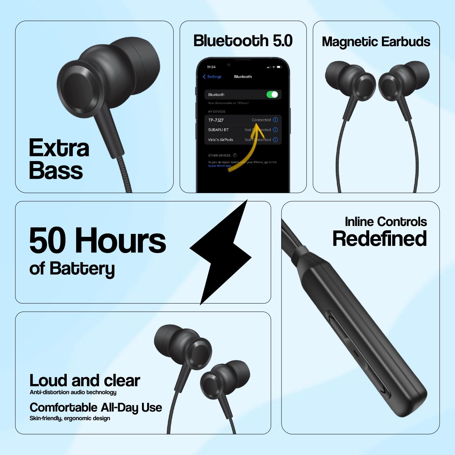 TP TROOPS Wireless in-Ear Neckband Bluetooth In Ear Earphones with 10mm Drivers, Rich Music Experience, 50 Hours Playtime, Type C Fast Charging, Neckband Earphones with Voice Assistant (Black)