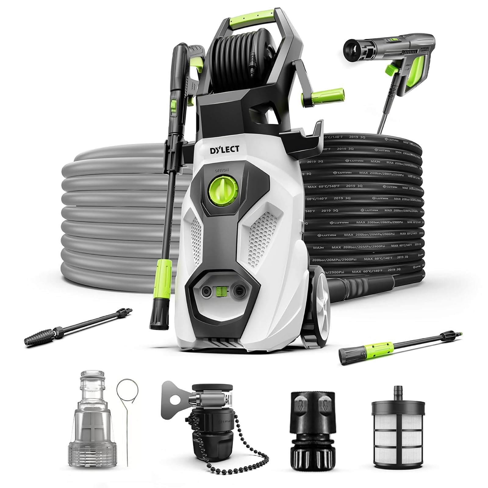 DYLECT Ultra Flow Plus High Pressure Car Washer Pump, 1900 Watts Power Motor, 130 Bars Pressure, 6.5L/Min Flow Rate, 5m Outlet Hose, Upright Design for Bike, Home Cleaning, Includes 11 Accessories